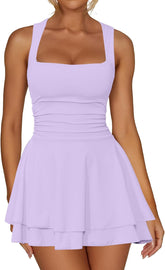 Kaximil Women's Square Neck Ruffle Hem Mini Dress Ruched Waist Short Party Dresses