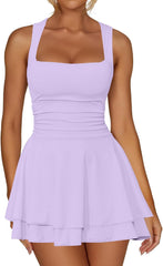 Kaximil Women's Square Neck Ruffle Hem Mini Dress Ruched Waist Short Party Dresses