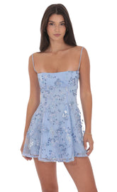 Floral Sequin Fit and Flare Dress in Light Blue