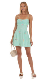 Draped A-Line Dress in Mint Floral Print