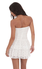 Lace Strapless Ruched Ruffle Dress in White