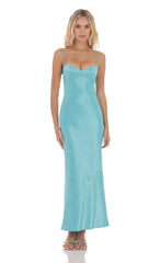 Satin Back Tie Maxi Dress in Aqua