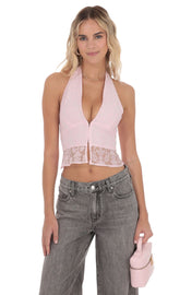 Motif V-Neck Halter Top in Pink