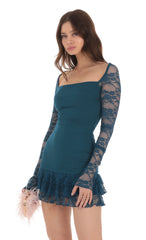 Lace Ruffle Bodycon Dress in Teal