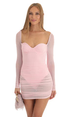 Long Sleeve Mesh Dress in Light Pink
