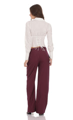 Pinstripe Wide Leg Linen Pants in Burgundy