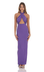 Front Cross Halter Maxi Dress in Purple
