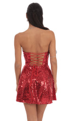 Sequin Strapless Fit and Flare Dress in Red