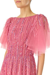 Embroidered Flutter Sleeve Gown