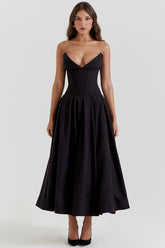 black strapless midi dress
