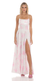 Satin Floral Maxi Dress in White