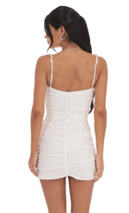 Pearl Strap Ruched Bodycon Dress in White