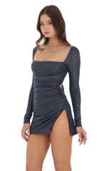 Long Sleeve Shimmer Side Slit Dress in Navy