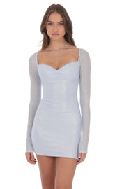 Foil Mesh Long Sleeve Bodycon Dress in Light Blue