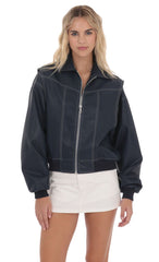 Faux Leather Bomber in Navy