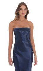 Strapless Satin Open Back Midi Dress in Navy