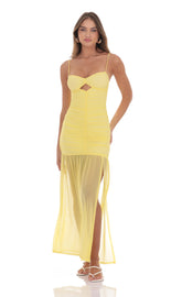 Mesh Ruched Mermaid Dress in Yellow
