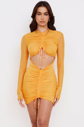 orange ruched mesh long sleeve cutout mini dress