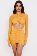 orange ruched mesh long sleeve cutout mini dress
