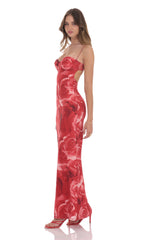Rose Open Back Mesh Maxi Dress in Red