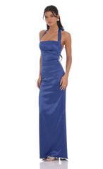Satin Halter Maxi Dress in Blue