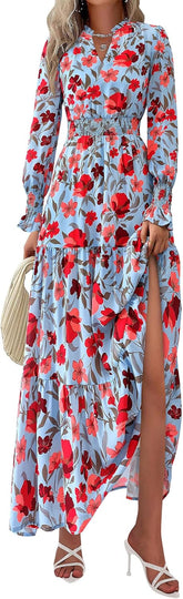 PRETTYGARDEN Women's Floral Maxi Dress 2025 Spring Long Sleeve V Neck Casual A Line Long Flowy Boho Party Dresses
