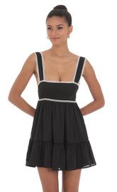 Embroidered Trim Babydoll Dress in Black