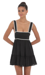 Embroidered Trim Babydoll Dress in Black