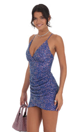 Sequin Ruched Overlay Dress in Blue