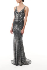 V-Neck Gunmetal Embroidered Sheath