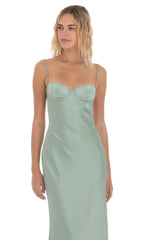 Satin Sweetheart Neck Maxi Dress in Sage Green