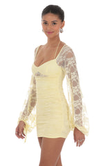 Lace Ruched Long Sleeve Dress in Yellow