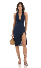 Satin Ruffle Slit Dress in Navy