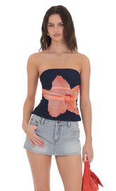 Mesh Floral Ruched Tube Top in Navy