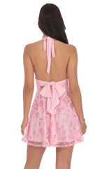 Sequin Floral Halter Open Back Dress in Pink