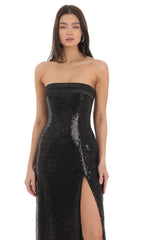 Sequin Satin Back Tie Maxi Dress in Black