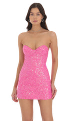 Sequin Strapless Bodycon Dress in Hot Pink