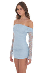 Off Shoulder Long Sleeve Lace Dress in Light Blue