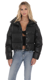Faux Leather Puffer Jacket in Black