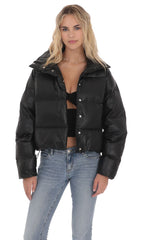 Faux Leather Puffer Jacket in Black