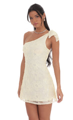 One Shoulder Sequin Floral Dress in Ivory