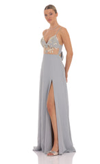 Embroidered Floral Cutout Maxi Dress in Grey