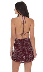 Floral Sequin Beaded Dress in Burgundy