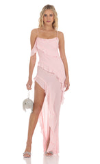 Chiffon Ruffle Maxi Dress in Pink