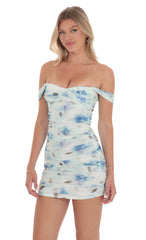 Floral Mesh Off Shoulder Bodycon Dress in Blue