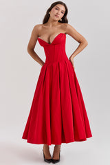 scarlet strapless midi dress