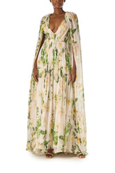 Floral Chiffon Deep V-Neck Gown