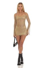 Shimmer Fishnet Off Shoulder Dress in Gold