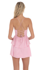 Satin Jacquard Ruffle Dress in Pink