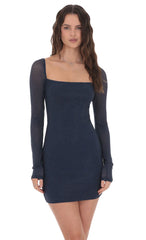 Rhinestone Long Sleeve Dress in Navy